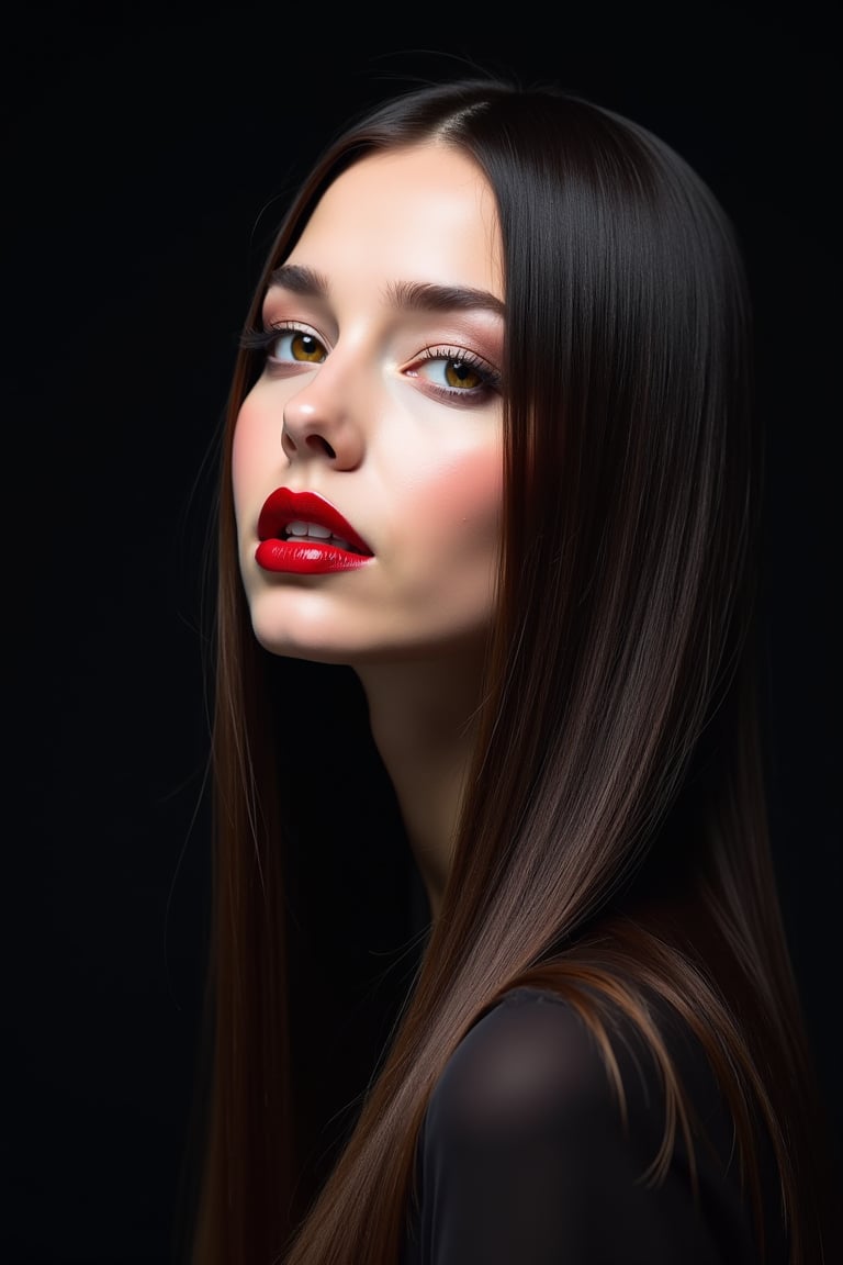 




pretty woman, sleek straight hair, abstract black background, glossy makeup, glossy redlips, white skin, long hair, colorful eyes