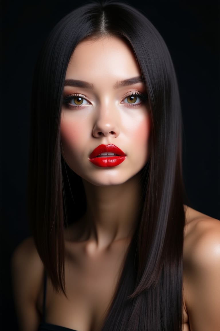 




pretty woman, sleek straight hair, abstract black background, glossy makeup, glossy redlips, white skin, long hair, colorful eyes