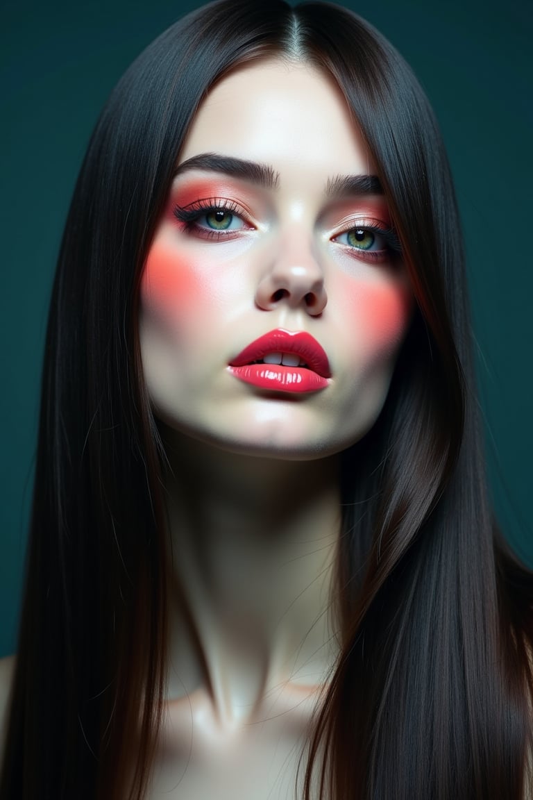 




pretty woman, sleek straight hair, abstract dark blue dark green background, glossy makeup, glossy pink lips, white skin, long hair, colorful eyes, red cheeks, snow white skin