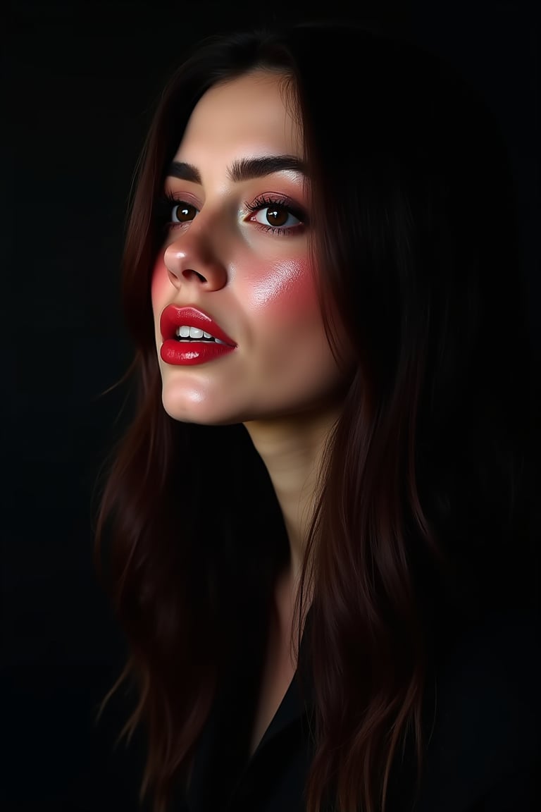 




pretty woman, graphics interesting creative effect, black dark color theme, light skin, red cheeks, , pink lips, glossy shiny reflective lips, long straight hair, looking aside