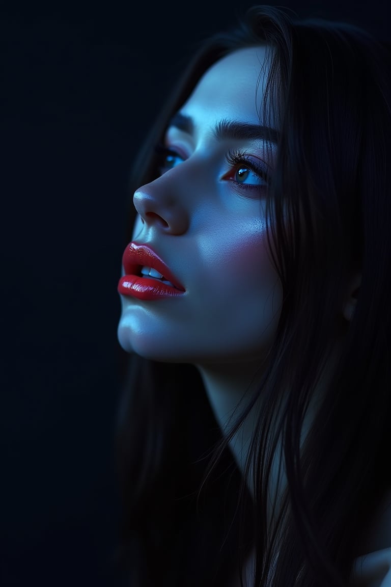 




pretty woman, graphics interesting creative effect, black dark blue theme, light skin, red cheeks, , pink lips, glossy shiny reflective lips, long straight hair, looking aside