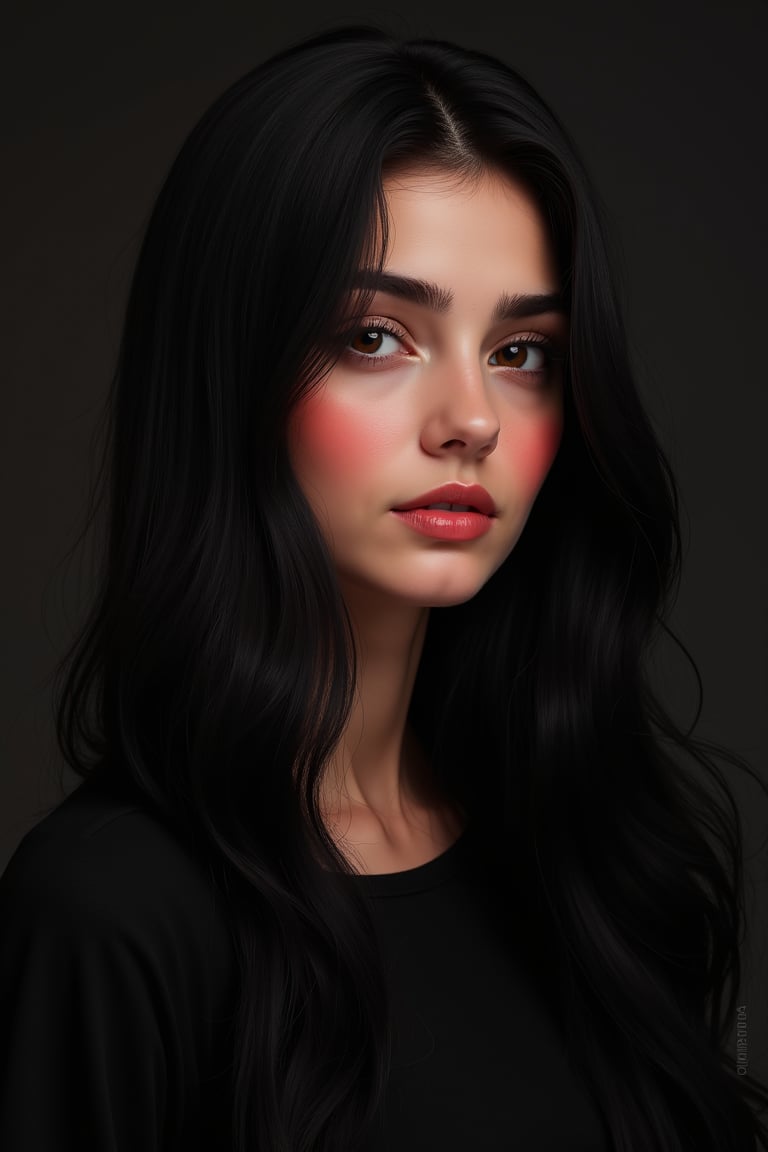 




pretty woman, graphics interesting creative effect, black dark theme, light skin, red cheeks, , pink lips, long straight hair, iraqi girl