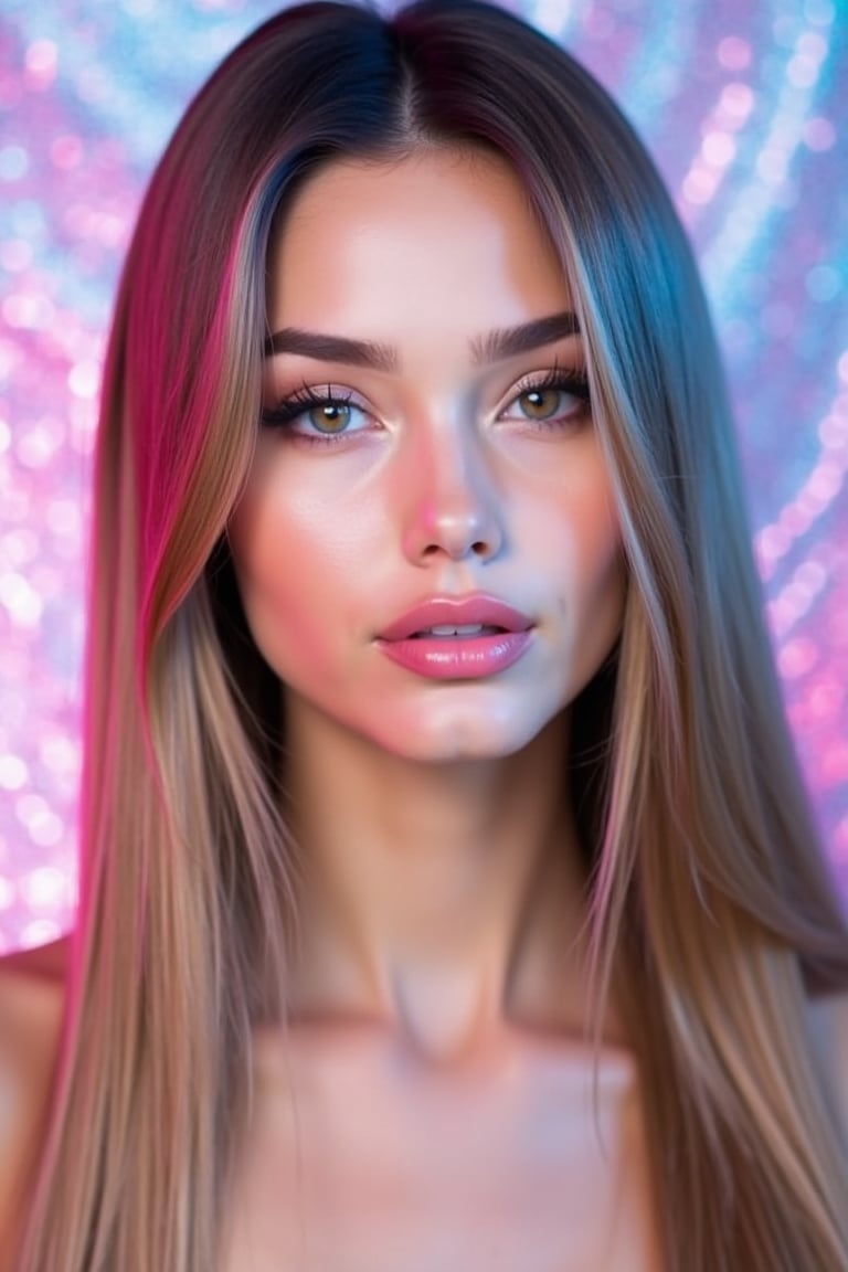 




pretty woman, sleek straight hair, abstract pink blue background, glossy makeup, glossy pink lips, white skin, long hair, colorful eyes