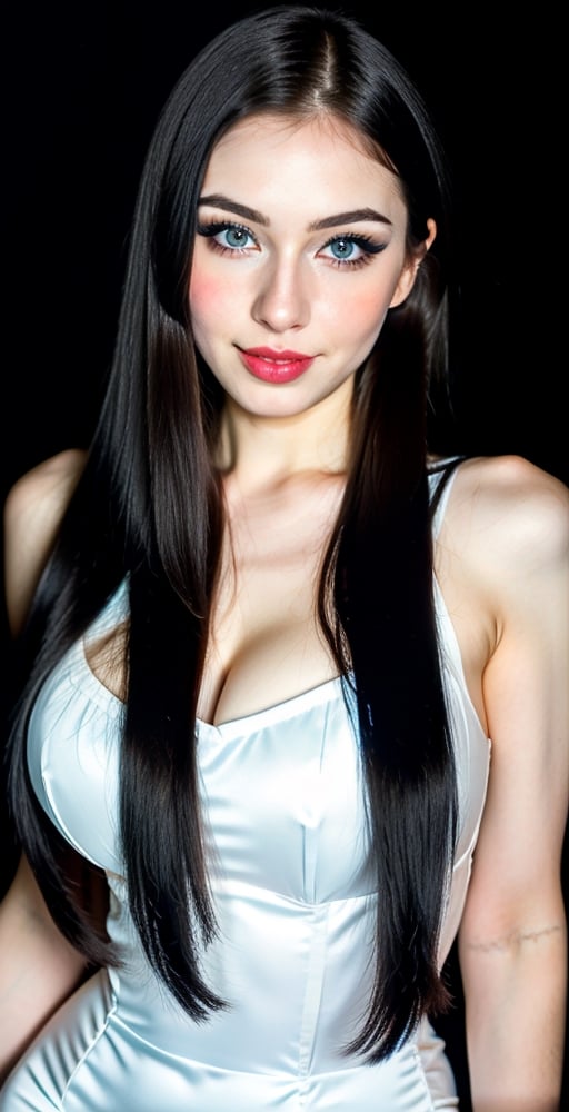 woman, blue eyes, straight long middle parted hairstyle, sliky black hair, super beauty marks, pale white skin, best quality, clear texture, details, canon eos 80d photo, light makeup, (black background theme: 1.1), (pale white skin:1.1), big huge boobs, professional coloring photo, smile, cute, bunnygirl costume formal suit