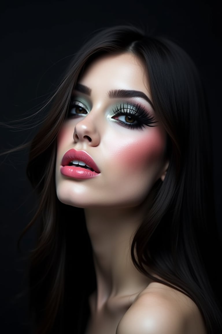 




pretty woman, graphics interesting creative effect, black dark color theme, white skin, , , , glossy pink lips, long straight hair, 