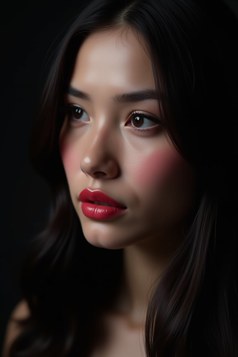 




pretty woman, graphics interesting creative effect, black dark color theme, light skin, red cheeks, , pink lips, glossy shiny reflective lips, long straight hair, looking aside