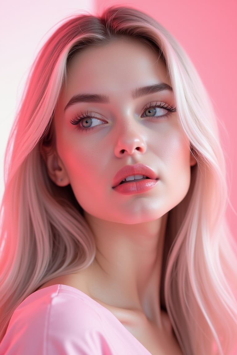 




pretty woman, graphics interesting creative effect, white and pink theme, light skin, red cheeks, pale pink lips, glossy shiny reflective lips, long straight hair, looking aside, glossy skin