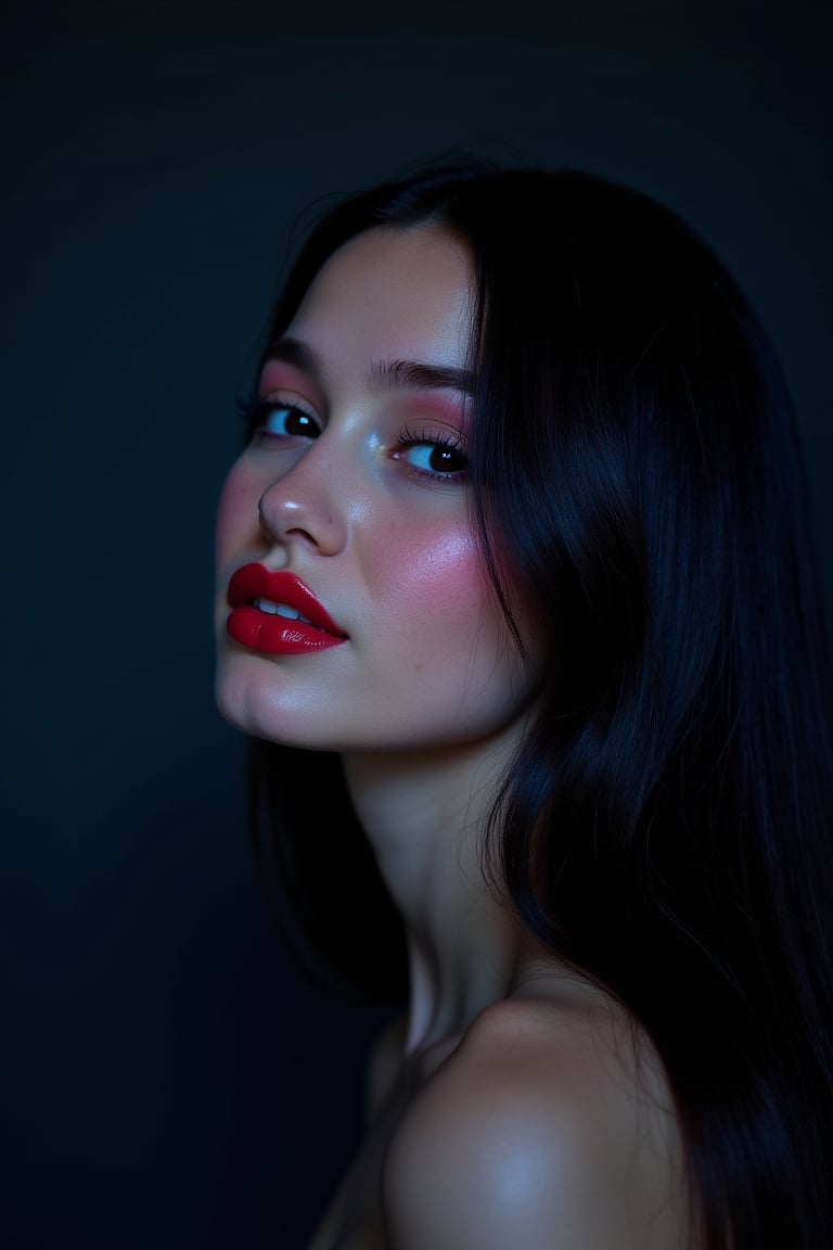 




pretty woman, graphics interesting creative effect, black dark blue theme, light skin, red cheeks, , pink lips, glossy shiny reflective lips, long straight hair, looking aside