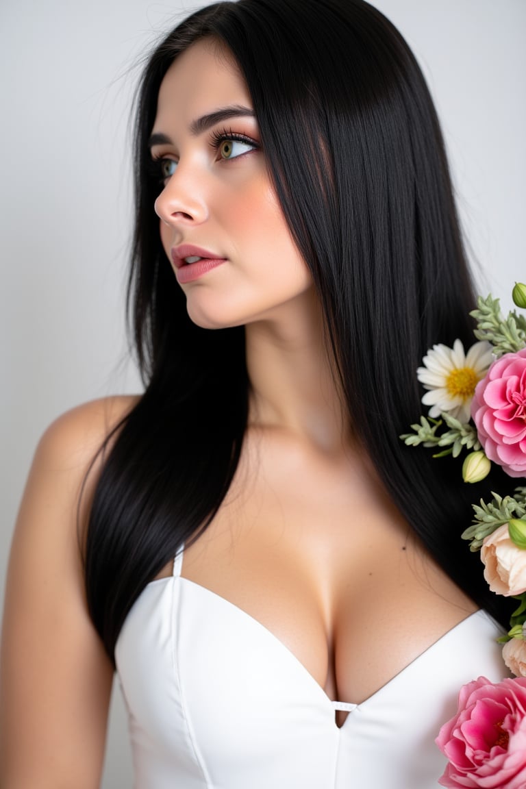  woman 25 years old, long straight hair, thick hair, detailed face, long eyelashes, detailed eyes, red cheeks, glossy skin, elegant woman, healthy skin tone, pretty and beauty woman face marks, (insane beauty woman marks:1.3), pale snow white skin tone, black hair, blue green eyes, rossy cheeks, naturally glossy lips, 
looking aside, light reflecting hair, (naturally pale white skin:1.3), 
white background, (colorful flowers around:1.3), 
detailed, quality, professional camera photo, spotlight, photo session, dramatic lighting on face, 
face close-up shot, close
(futurestic modern reflective white skimpy dress:1.3), 