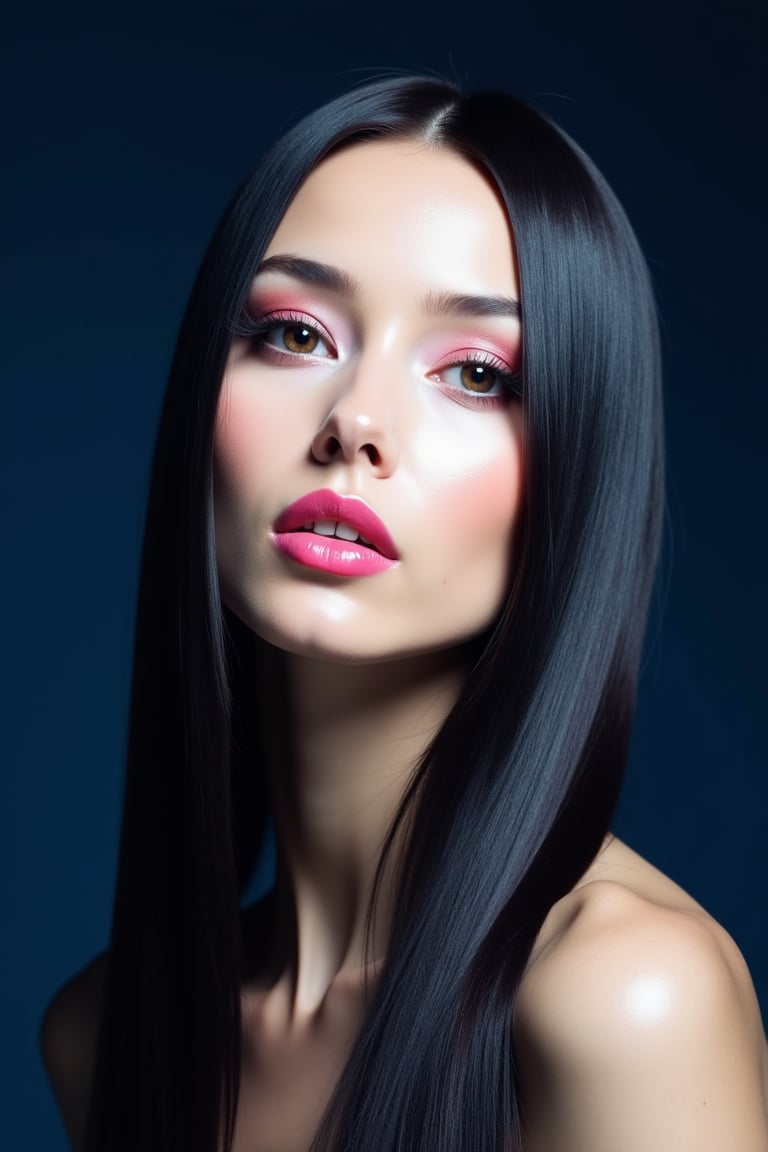 




pretty woman, sleek straight hair, abstract dark blue background, glossy makeup, glossy pink lips, white skin, long hair, colorful eyes