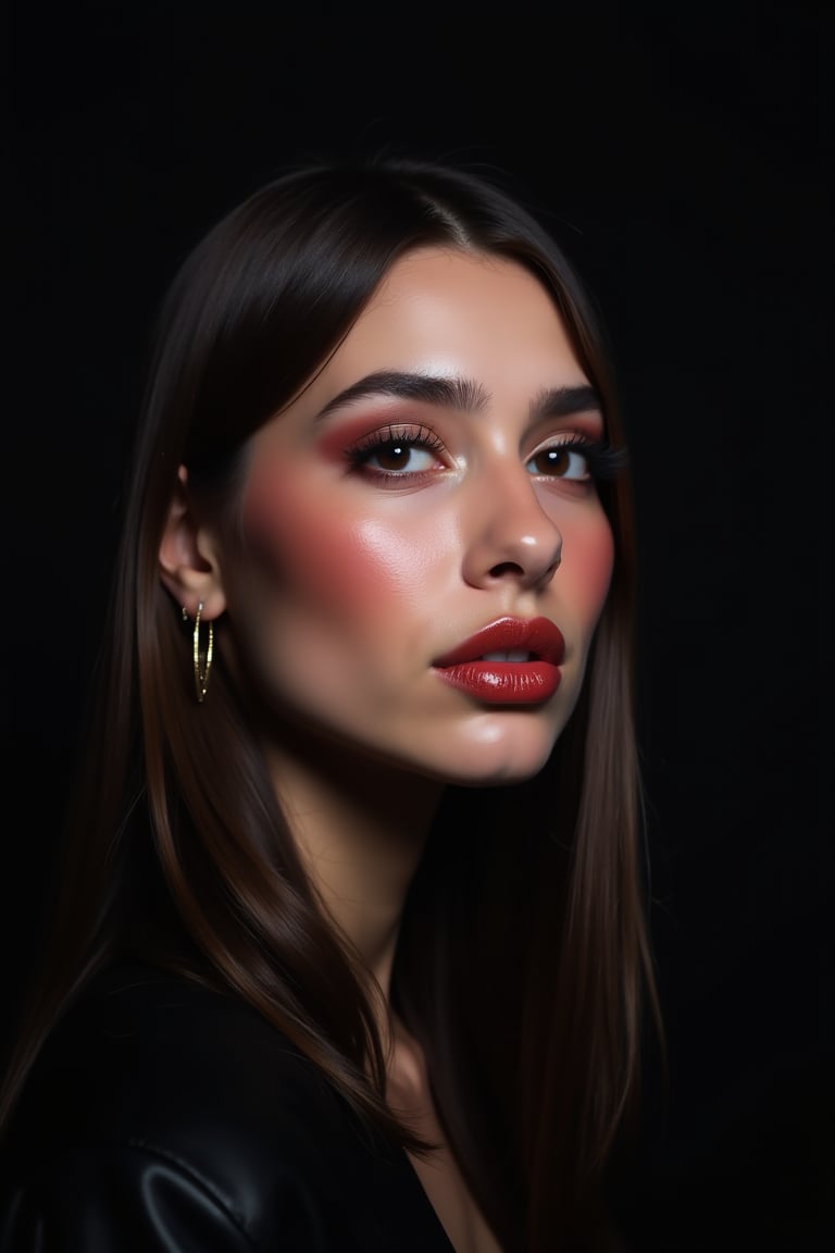 




pretty woman, graphics interesting creative effect, black dark color theme, light skin, red cheeks, , pink lips, glossy shiny reflective lips, long straight hair, looking aside