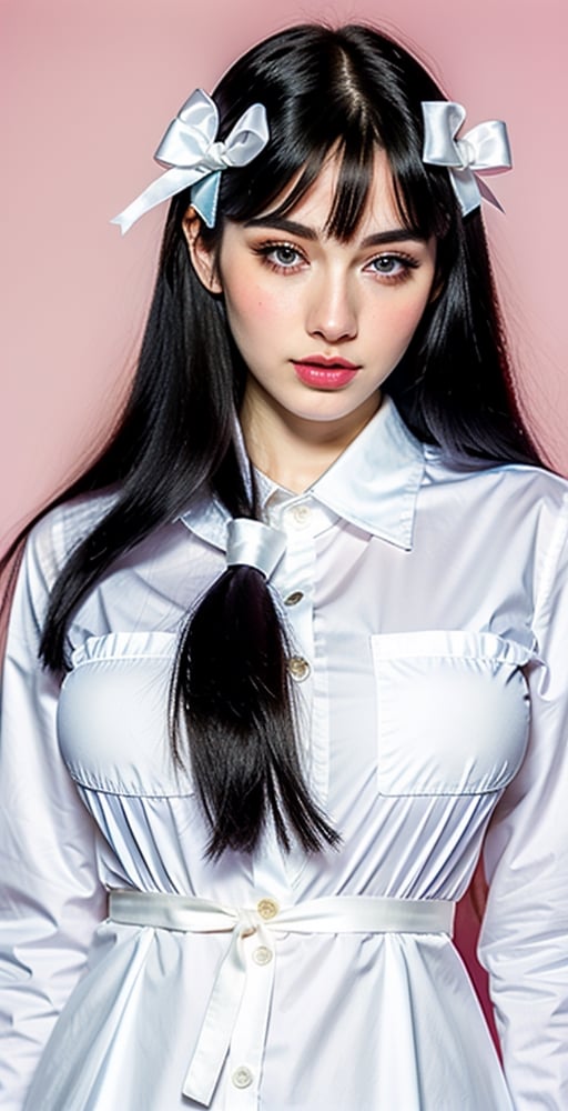 woman, beautiful face, perfect face, colorful eyes fully black hair, pale white skin, sexy marks, perfect, fully white abstract background, shiny pink accessories, blue and white theme, best quality, clear texture, details, canon eos 80d photo, light makeup, (very big boobs in formal open dress shirt: 1.1)