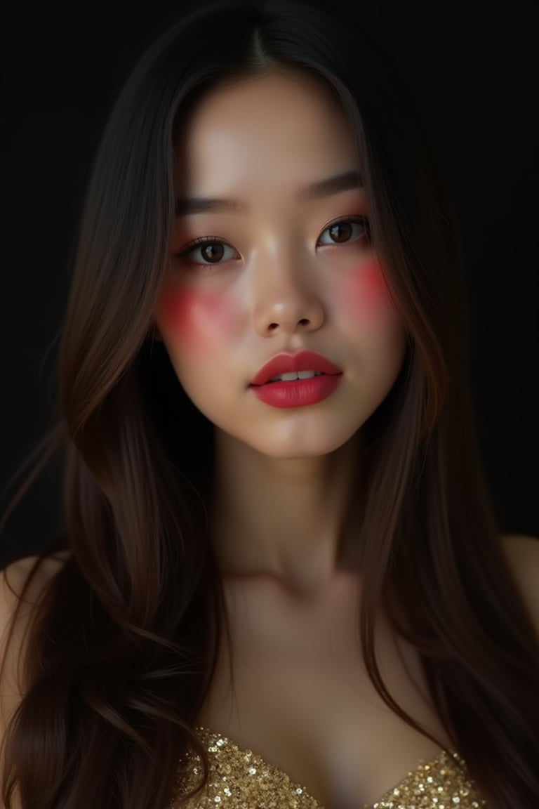 




pretty woman, graphics interesting creative effect, black dark theme, light skin, red cheeks, , pink lips, long straight hair, wearing golden stuff, cinematic effects and gradients, ultra details, perfect face fats to seems cute and young, white skin