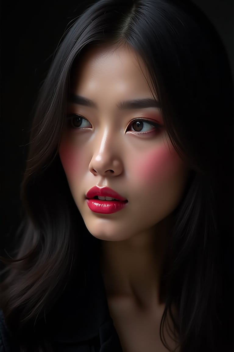 




pretty woman, graphics interesting creative effect, black dark color theme, light skin, red cheeks, , pink lips, glossy shiny reflective lips, long straight hair, looking aside