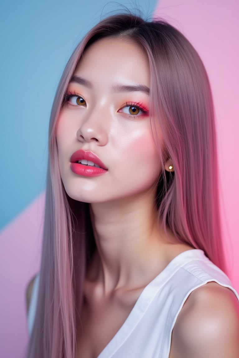 




pretty woman, sleek straight hair, abstract pink blue background, glossy makeup, glossy pink lips, white skin, long hair, colorful eyes