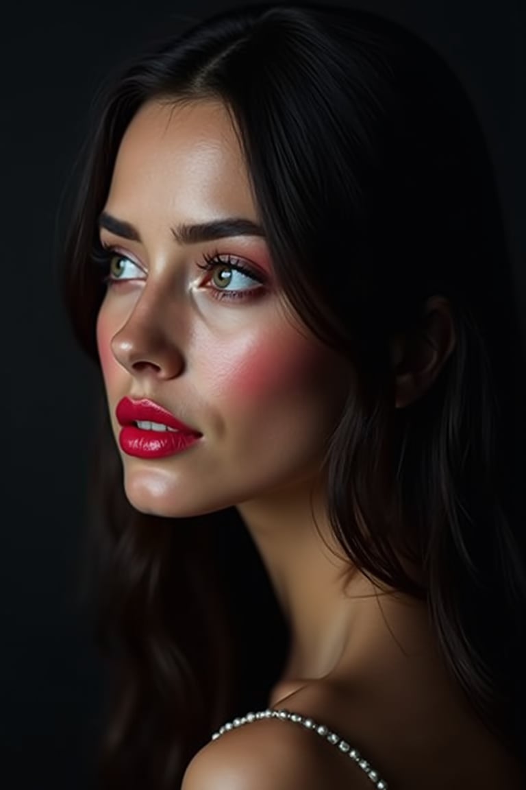 




pretty woman, graphics interesting creative effect, black dark color theme, light skin, red cheeks, , pink lips, glossy shiny reflective lips, long straight hair, looking aside