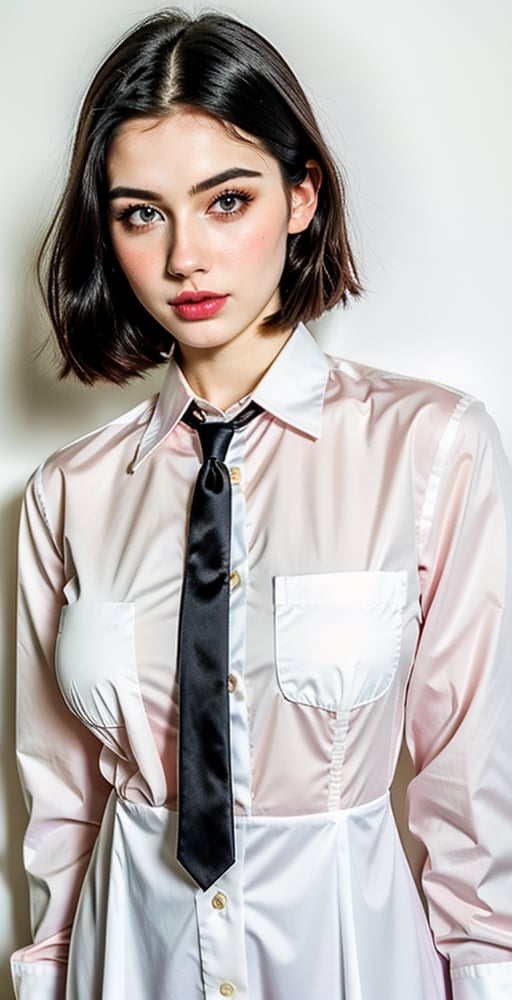 woman, beautiful face, perfect face, colorful eyes fully black hair, pale white skin, sexy marks, perfect, fully white abstract background, shiny pink accessories, pink and white theme, best quality, clear texture, details, canon eos 80d photo, light makeup, (very big boobs in formal open dress shirt: 1.1)