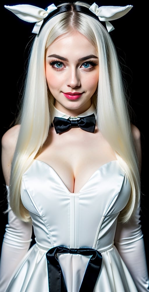 woman, blue eyes, straight long middle parted hairstyle, sliky black hair, super beauty marks, pale white skin, best quality, clear texture, details, canon eos 80d photo, light makeup, (black background theme: 1.1), (pale white skin:1.1), big huge boobs, professional coloring photo, smile, cute, bunnygirl costume formal suit