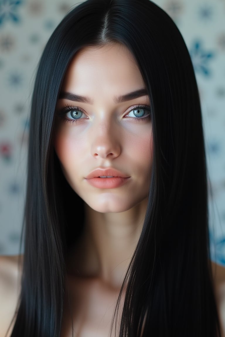 




pretty woman, sleek straight hair, abstract background, glossy makeup, white skin, black hair, blue eyes