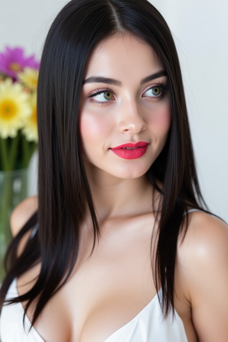  woman 25 years old, long straight hair, thick hair, detailed face, long eyelashes, detailed eyes, red cheeks, glossy skin, elegant woman, healthy skin tone, pretty and beauty woman face marks, (insane beauty woman marks:1.3), pale snow white skin tone, black hair, blue green eyes, rossy cheeks, naturally glossy lips, 
looking aside, light reflecting hair, (naturally pale white skin:1.3), 
white background, (colorful flowers around:1.3), 
detailed, quality, professional camera photo, spotlight, photo session, dramatic lighting on face, 
face close-up shot, close
(futurestic modern reflective white skimpy dress:1.3), 