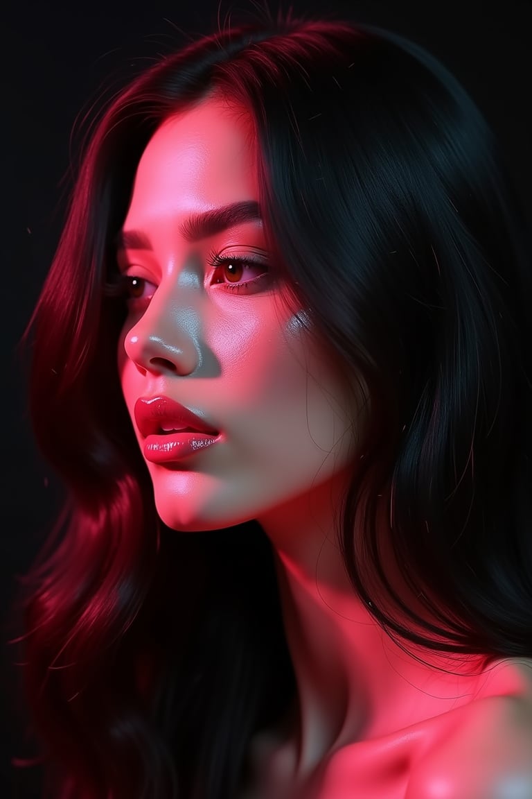 




pretty woman, graphics interesting creative effect, black dark pink theme, light skin, red cheeks, pale pink lips, glossy shiny reflective lips, long straight hair, looking aside, glossy skin