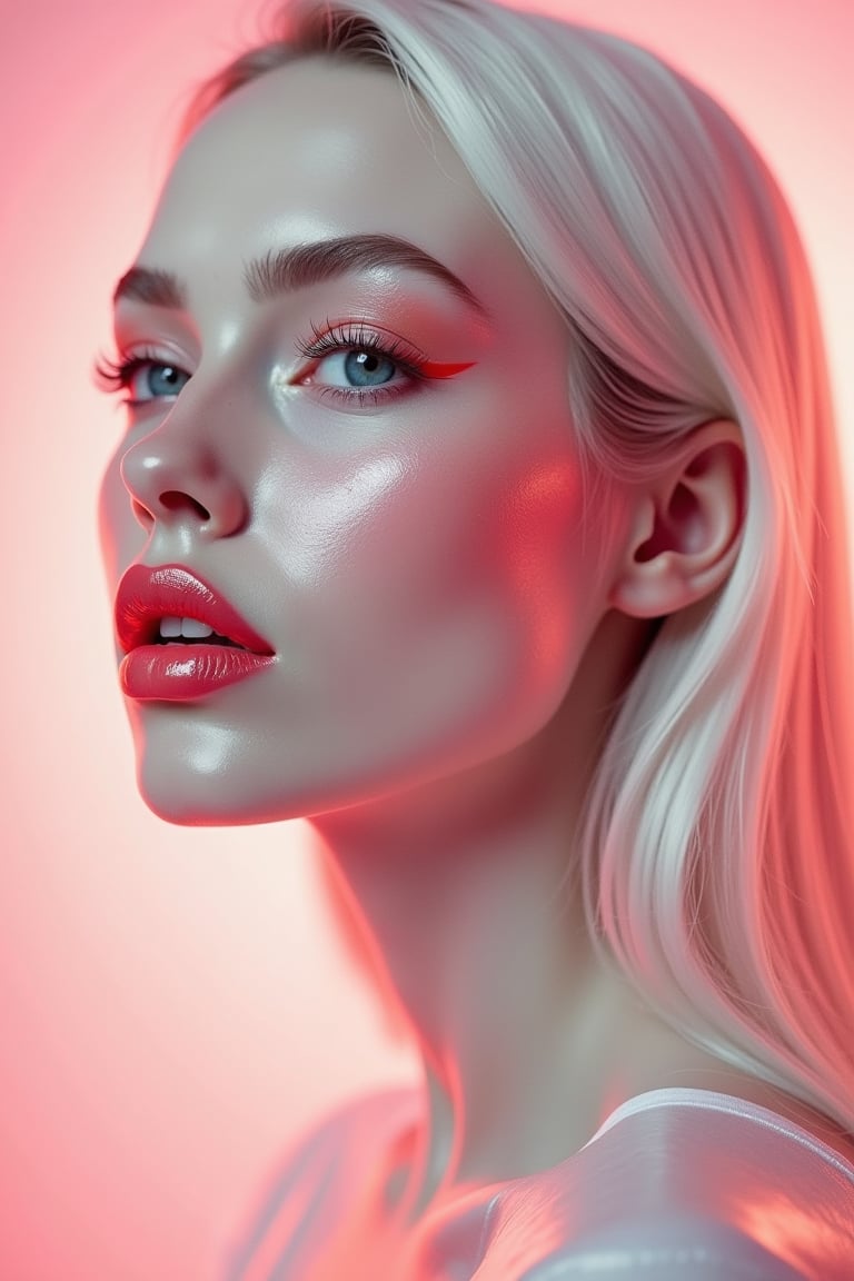 




pretty woman, graphics interesting creative effect, white and pink theme, light skin, red cheeks, pale pink lips, glossy shiny reflective lips, long straight hair, looking aside, glossy skin, pumpy face fat 