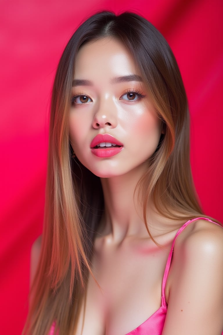 




pretty woman, sleek straight hair, abstract red pink background, glossy makeup, glossy pink lips, white skin, long hair, colorful eyes