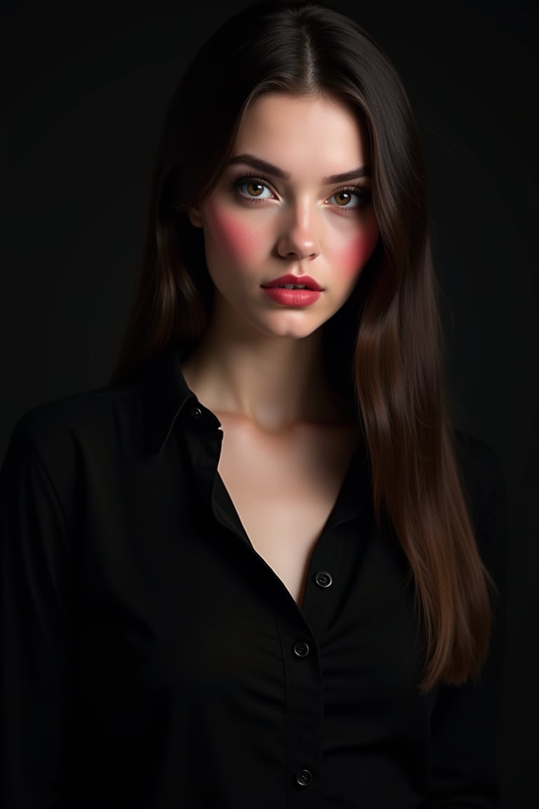 




pretty woman, graphics interesting creative effect, black dark theme, light skin, red cheeks, , pink lips, long straight hair