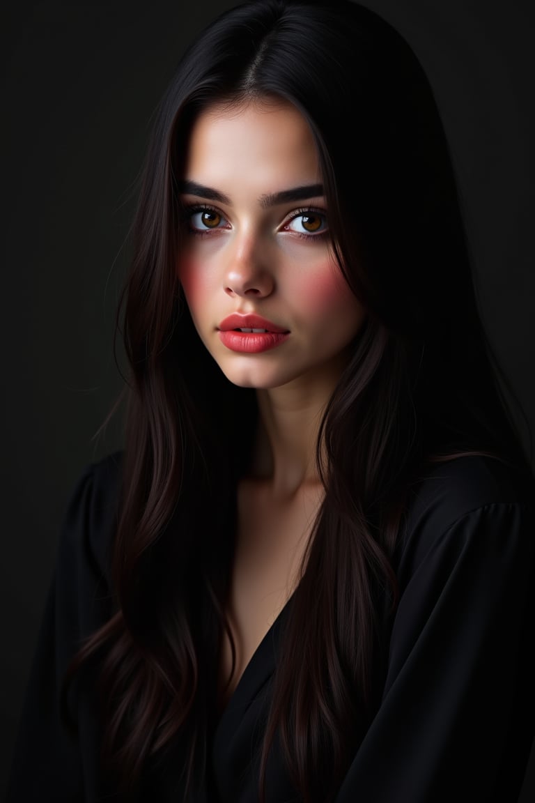 




pretty woman, graphics interesting creative effect, black dark theme, light skin, red cheeks, , pink lips, long straight hair, iraqi girl