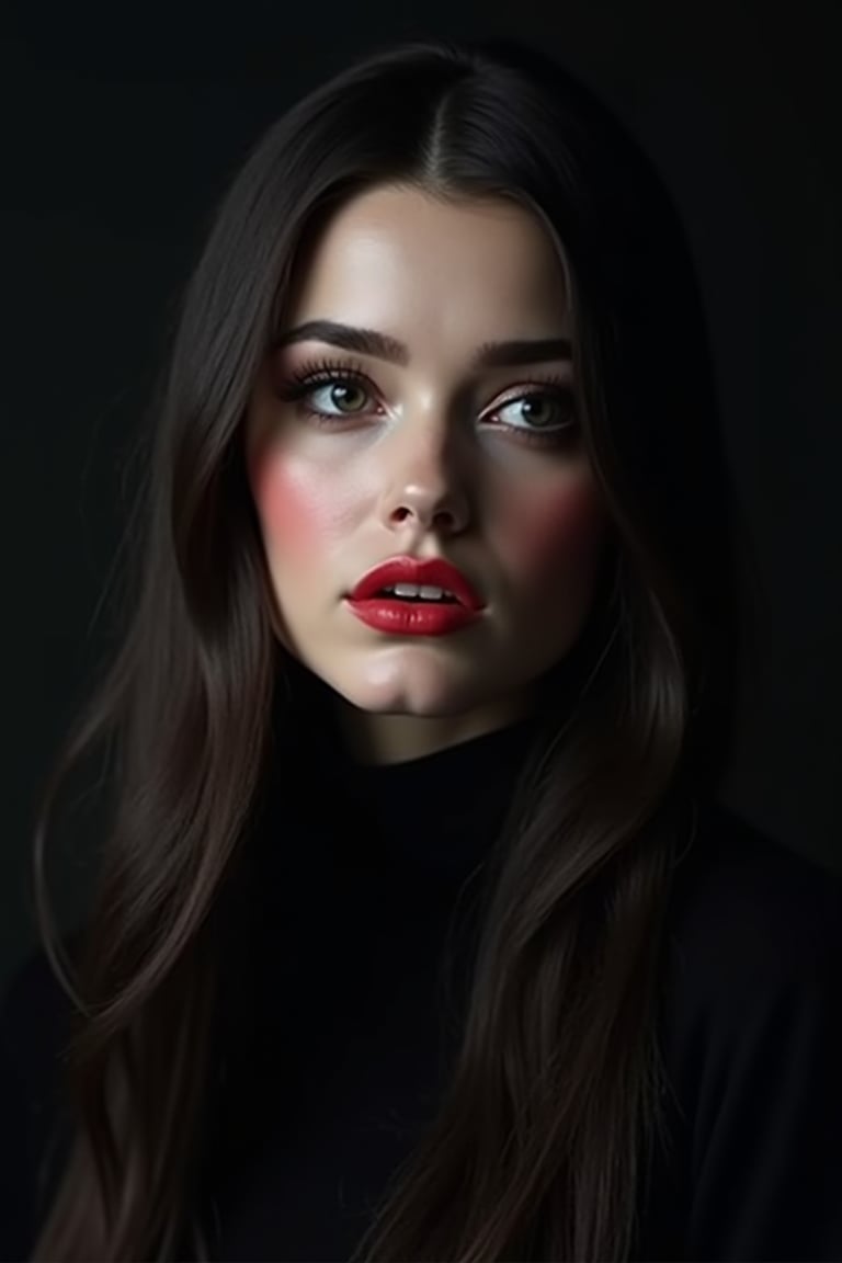 




pretty woman, black dark color theme, red natural cheeks, , pink lips, glossy shiny reflective lips, long straight hair, looking aside, snow white skin tone