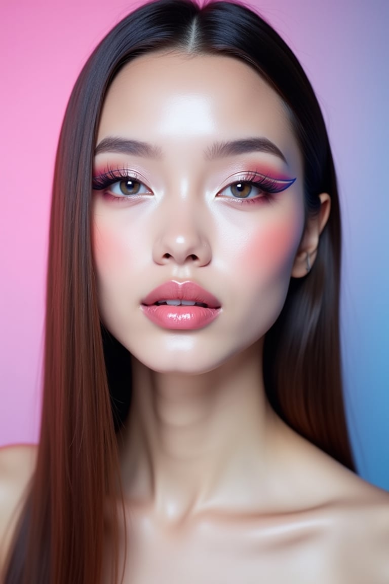 




pretty woman, sleek straight hair, abstract pink blue background, glossy makeup, glossy pink lips, white skin, long hair, colorful eyes