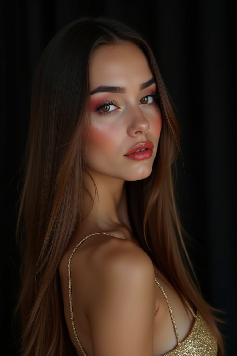 




pretty woman, graphics interesting creative effect, black dark theme, light skin, red cheeks, , pink lips, long straight hair, wearing golden stuff, cinematic effects and gradients, ultra details, perfect face fats to seems cute and young, white skin