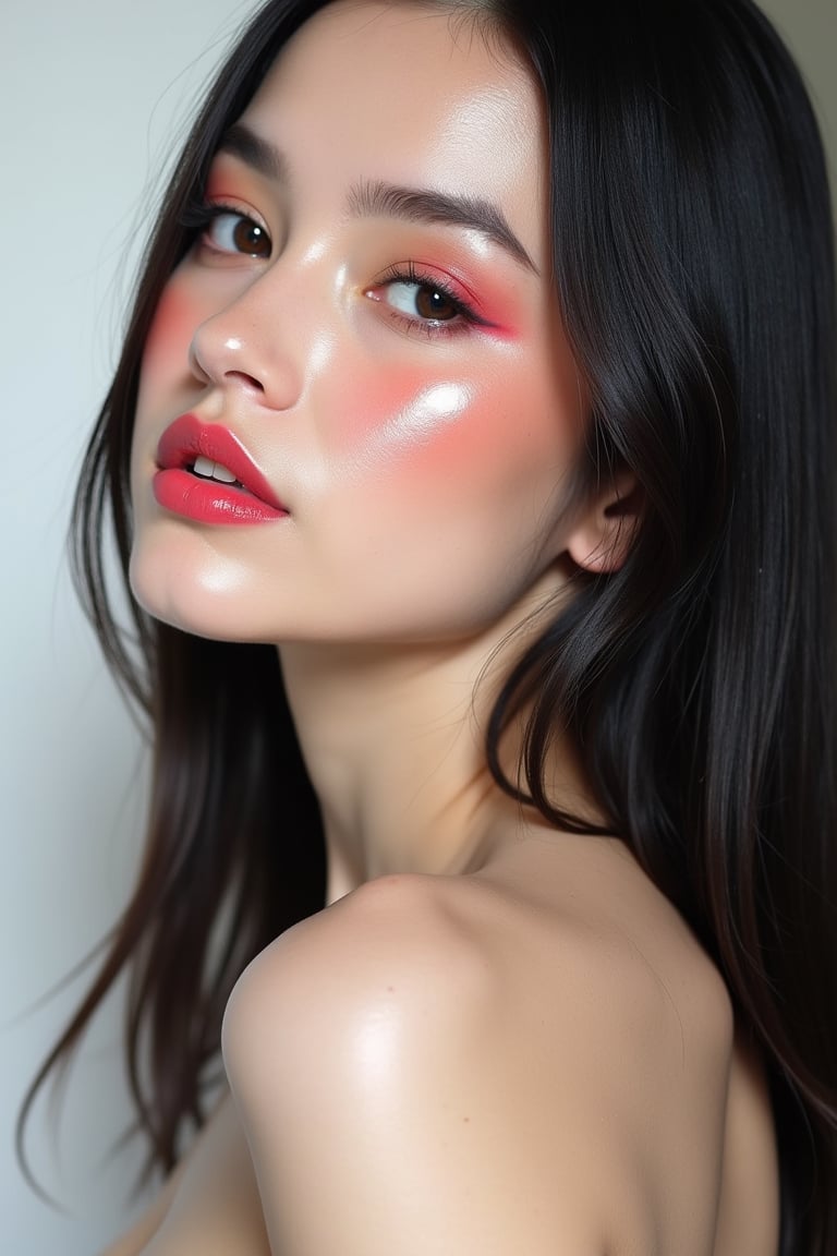 




pretty woman, graphics interesting creative effect, white and black theme, light skin, red cheeks, pale pink lips, glossy shiny reflective lips, long straight hair, looking aside, glossy skin, pumpy face fat 