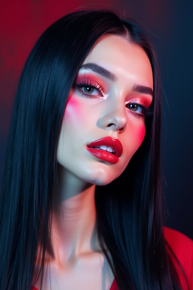 




pretty woman, sleek straight hair, abstract dark blue dark red background, glossy makeup, glossy pink lips, white skin, long hair, colorful eyes, red cheeks, snow white skin