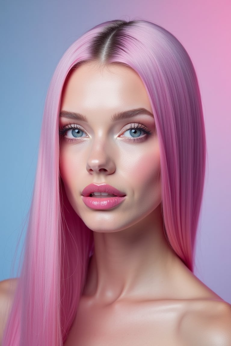 




pretty woman, sleek straight hair, abstract pink blue background, glossy makeup, glossy pink lips, white skin, long hair, colorful eyes