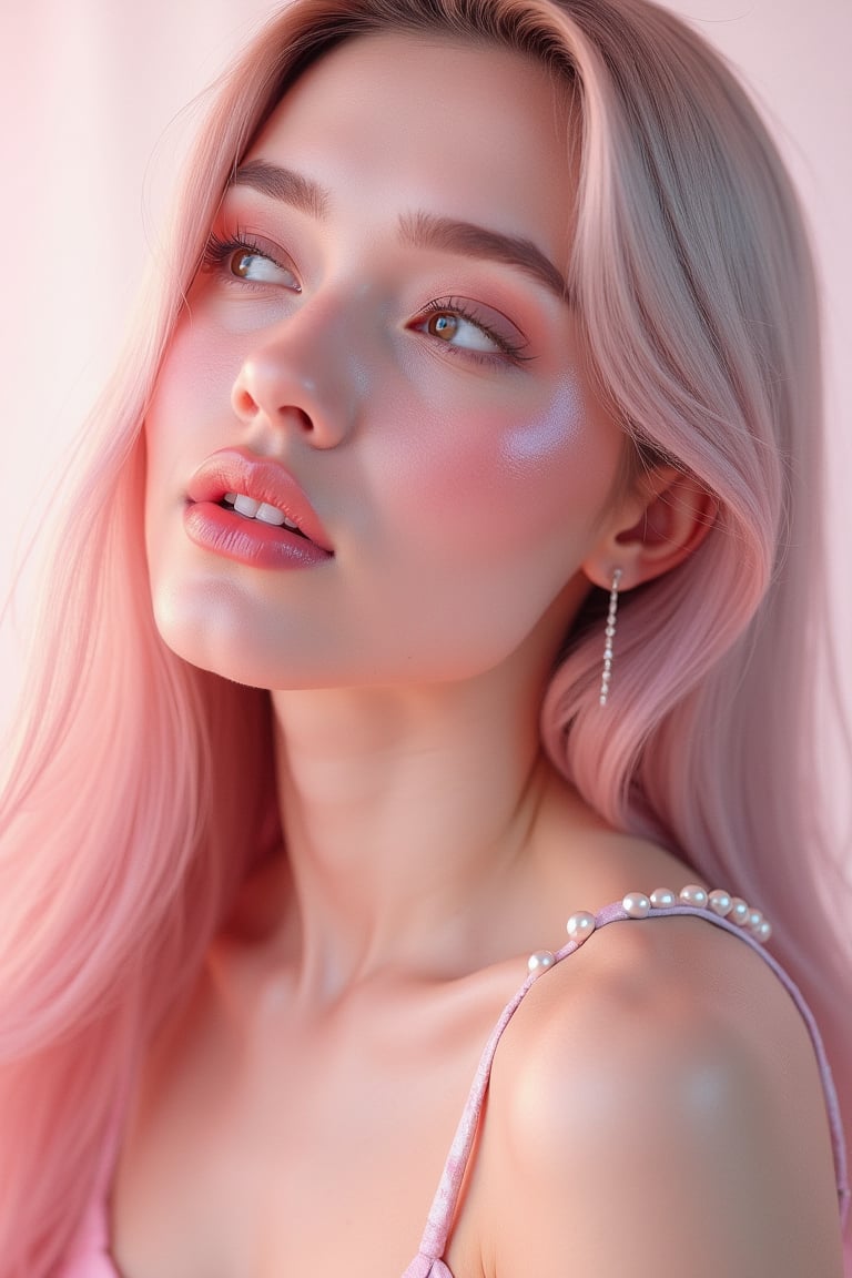 




pretty woman, graphics interesting creative effect, white and pink theme, light skin, red cheeks, pale pink lips, glossy shiny reflective lips, long straight hair, looking aside, glossy skin, pumpy face fat 