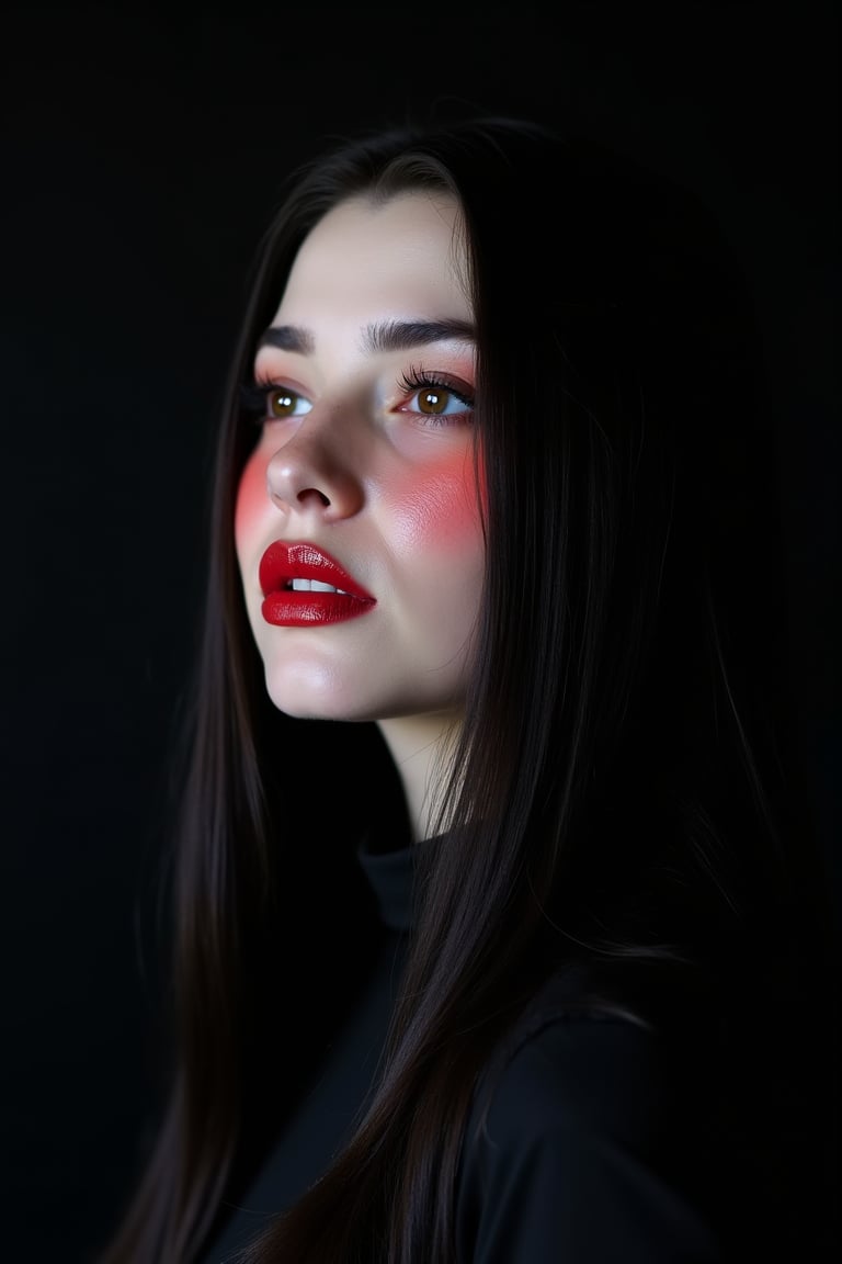 




pretty woman, black dark color theme, red natural cheeks, , pink lips, glossy shiny reflective lips, long straight hair, looking aside, snow white skin tone