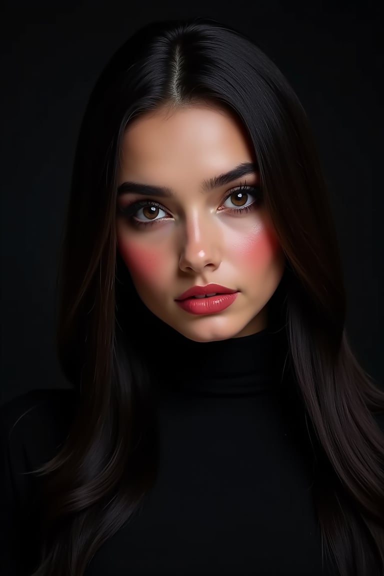 




pretty woman, graphics interesting creative effect, black dark theme, light skin, red cheeks, , pink lips, long straight hair, arab girl