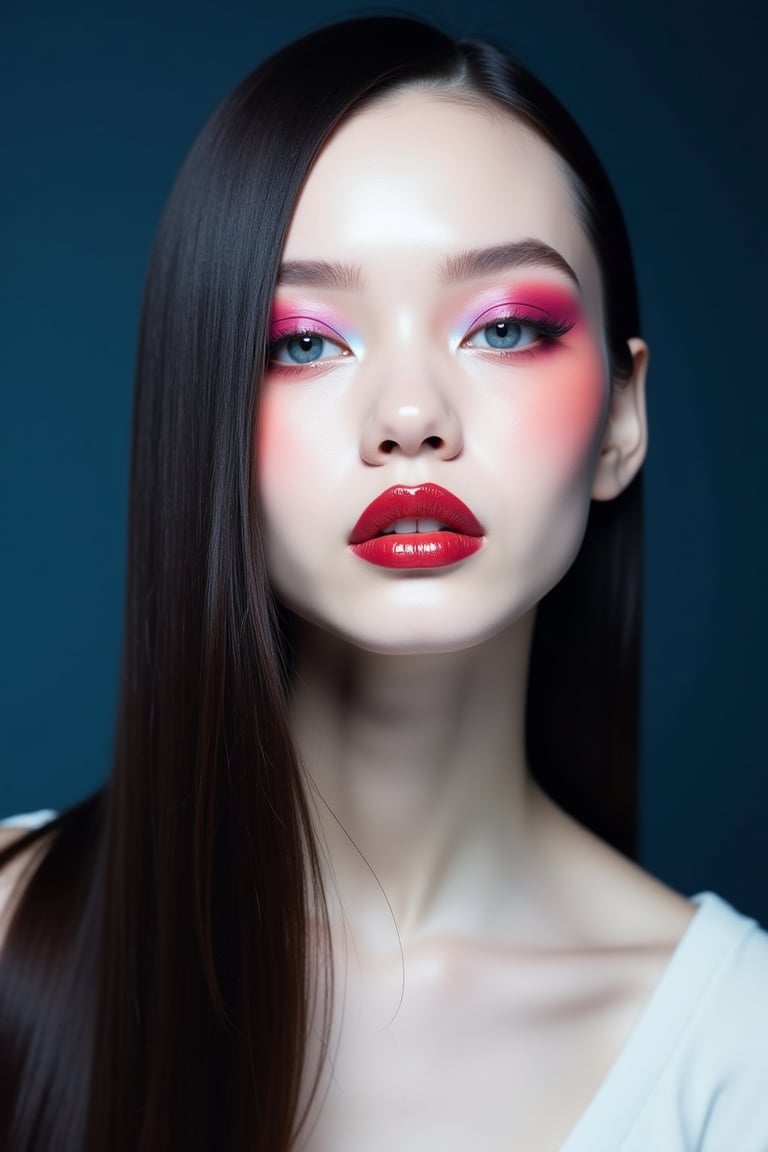 




pretty woman, sleek straight hair, abstract dark blue background, glossy makeup, glossy pink lips, white skin, long hair, colorful eyes, red cheeks, snow white skin