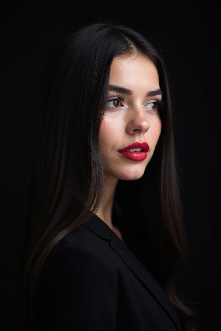 




pretty woman, black dark color theme, red natural cheeks, , pink lips, glossy shiny reflective lips, long straight hair, looking aside, snow white skin tone