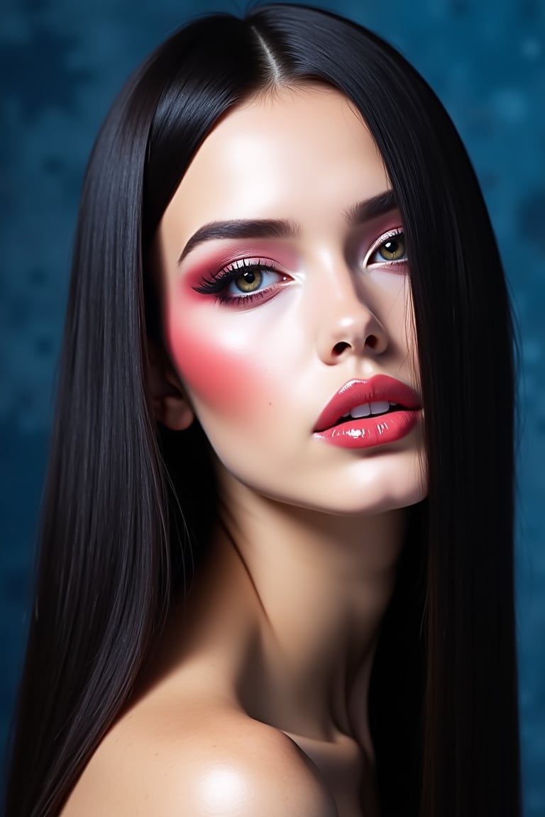 




pretty woman, sleek straight hair, abstract dark blue background, glossy makeup, glossy pink lips, white skin, long hair, colorful eyes, red cheeks