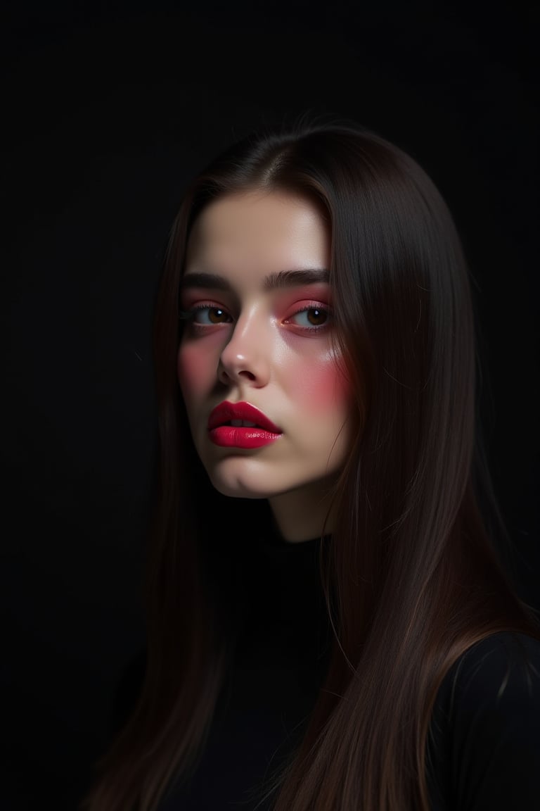 




pretty woman, graphics interesting creative effect, black dark color theme, light skin, red cheeks, , pink lips, glossy shiny reflective lips, long straight hair, looking aside