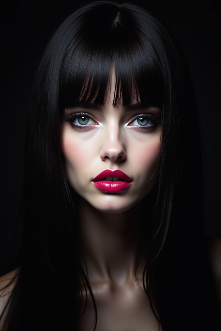 




pretty woman, graphics interesting creative effect, black dark color theme, white skin, , , , glossy pink lips, long straight hair, 