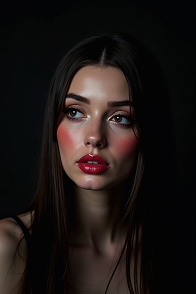 




pretty woman, graphics interesting creative effect, black dark color theme, light skin, red cheeks, , pink lips, glossy shiny reflective lips, long straight hair, looking aside