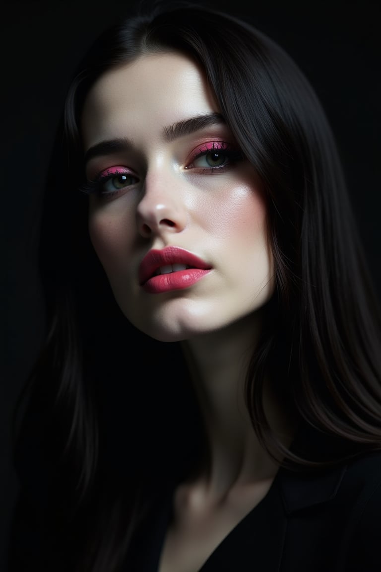 




pretty woman, graphics interesting creative effect, black dark color theme, white skin, , , , glossy pink lips, long straight hair, 