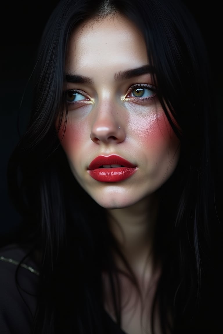 




pretty woman, graphics interesting creative effect, black dark color theme, light skin, red cheeks, , pink lips, glossy shiny reflective lips, long straight hair, looking aside, snow white skin tone