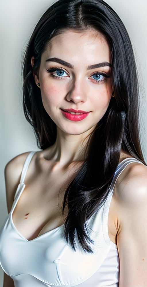 woman, blue eyes, straight long middle parted hairstyle, sliky black hair, super beauty marks, pale white skin, best quality, clear texture, details, canon eos 80d photo, light makeup, (black background theme: 1.1), (pale white skin:1.1), big huge boobs, professional coloring photo, smile, cute, bunnygirl costume formal suit