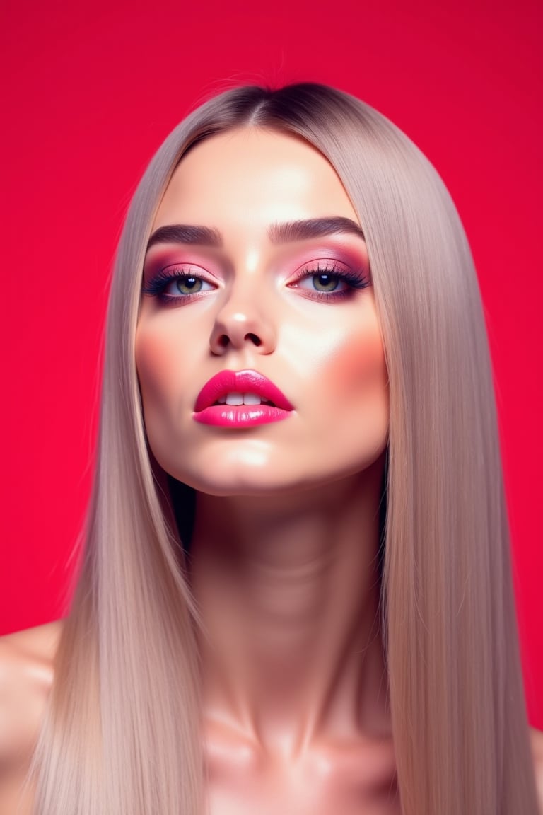 




pretty woman, sleek straight hair, abstract red pink background, glossy makeup, glossy pink lips, white skin, long hair, colorful eyes