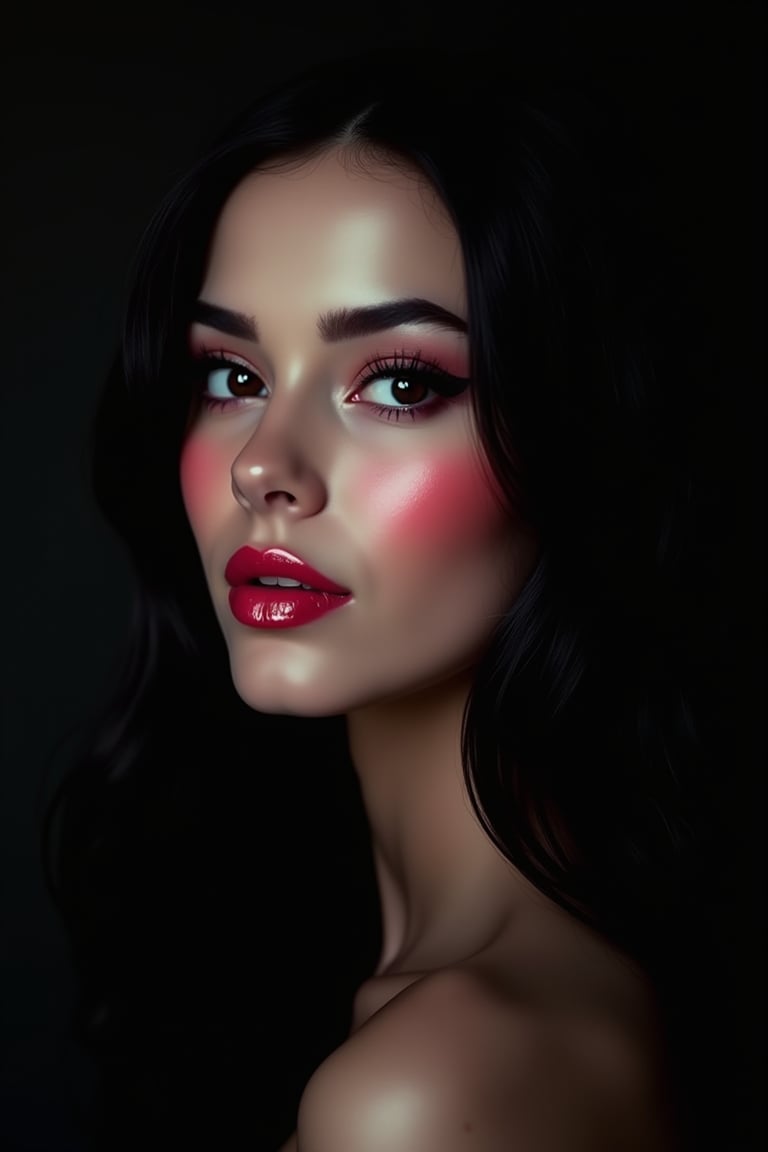 




pretty woman, graphics interesting creative effect, black dark color theme, light skin, red cheeks, , pink lips, glossy shiny reflective lips, long straight hair, looking aside