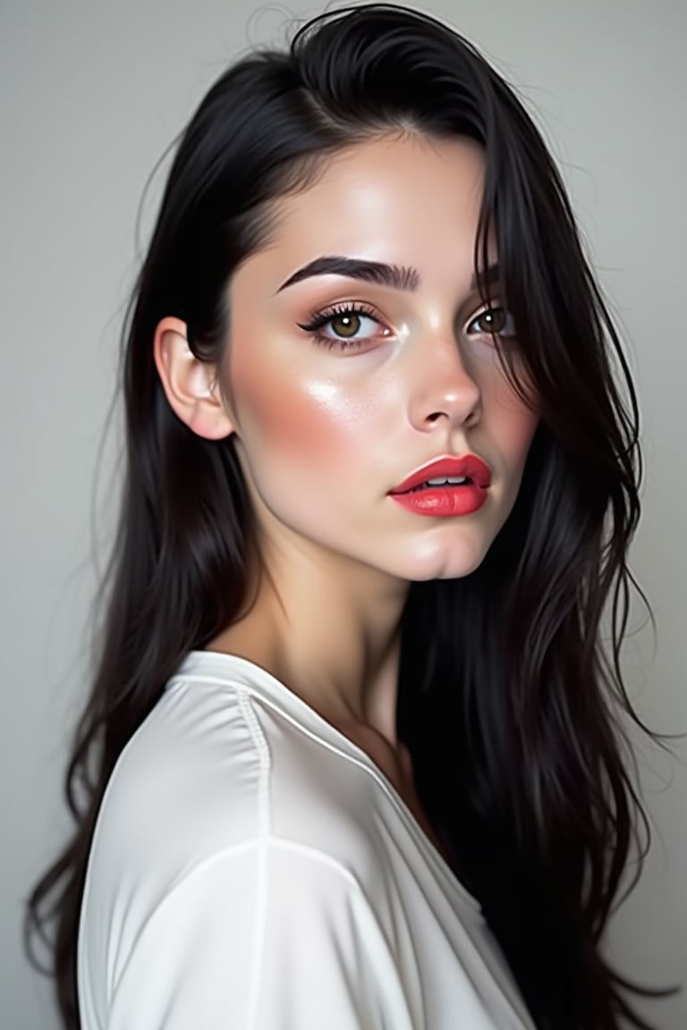 




pretty woman, graphics interesting creative effect, white and black theme, light skin, red cheeks, pale pink lips, glossy shiny reflective lips, long straight hair, looking aside, glossy skin, pumpy face fat 